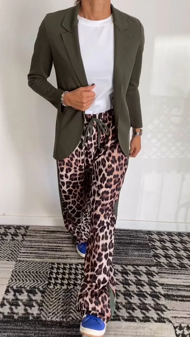 Women's Solid Color Suit Jacket Leopard Pant Suit